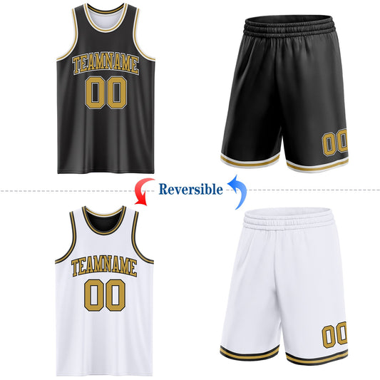 Custom Reversible Black Old Gold-White Double Side Sublimation Basketball Suit Jersey - Sky-Custom