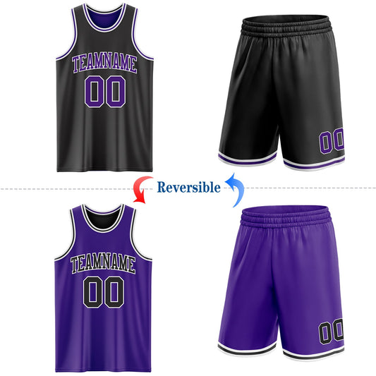 Custom Reversible Black Purple-White Double Side Sublimation Basketball Suit Jersey - Sky-Custom