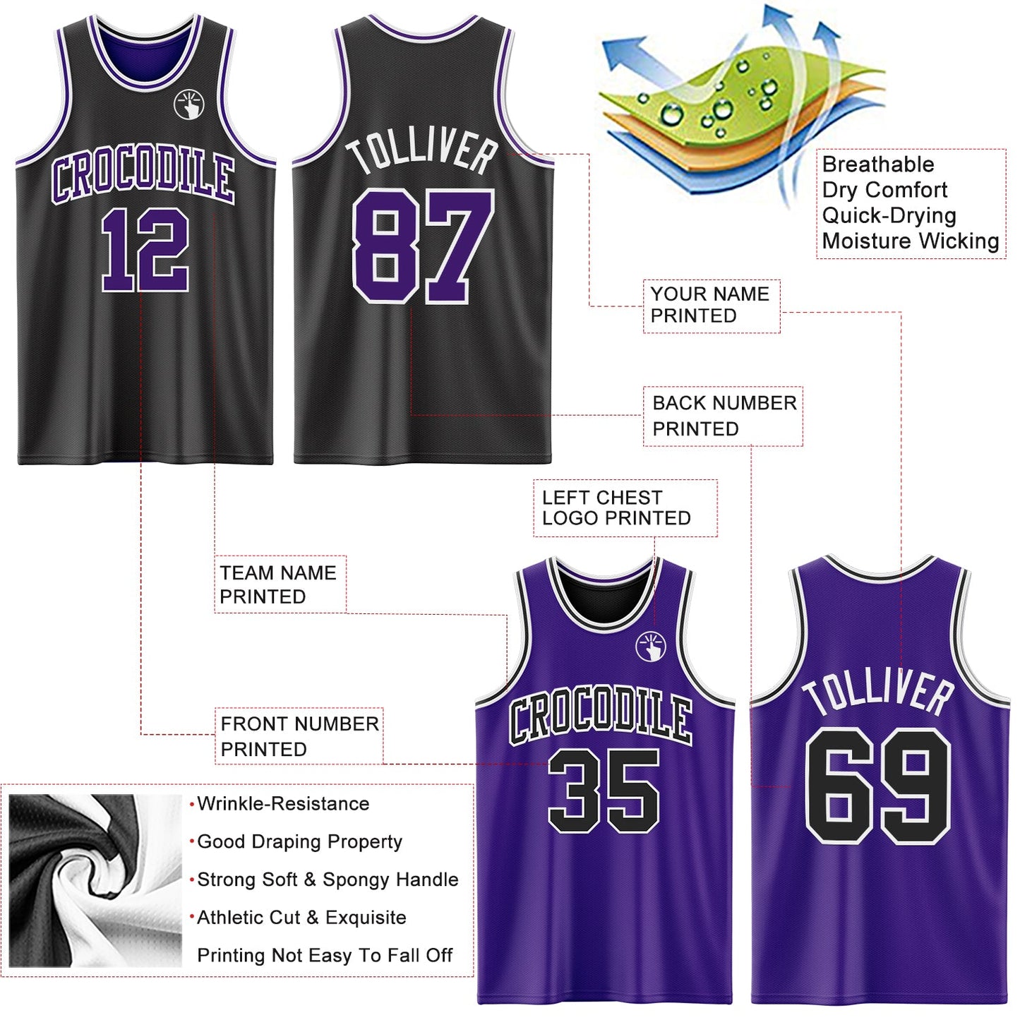 Custom Reversible Black Purple-White Double Side Sublimation Basketball Suit Jersey - Sky-Custom