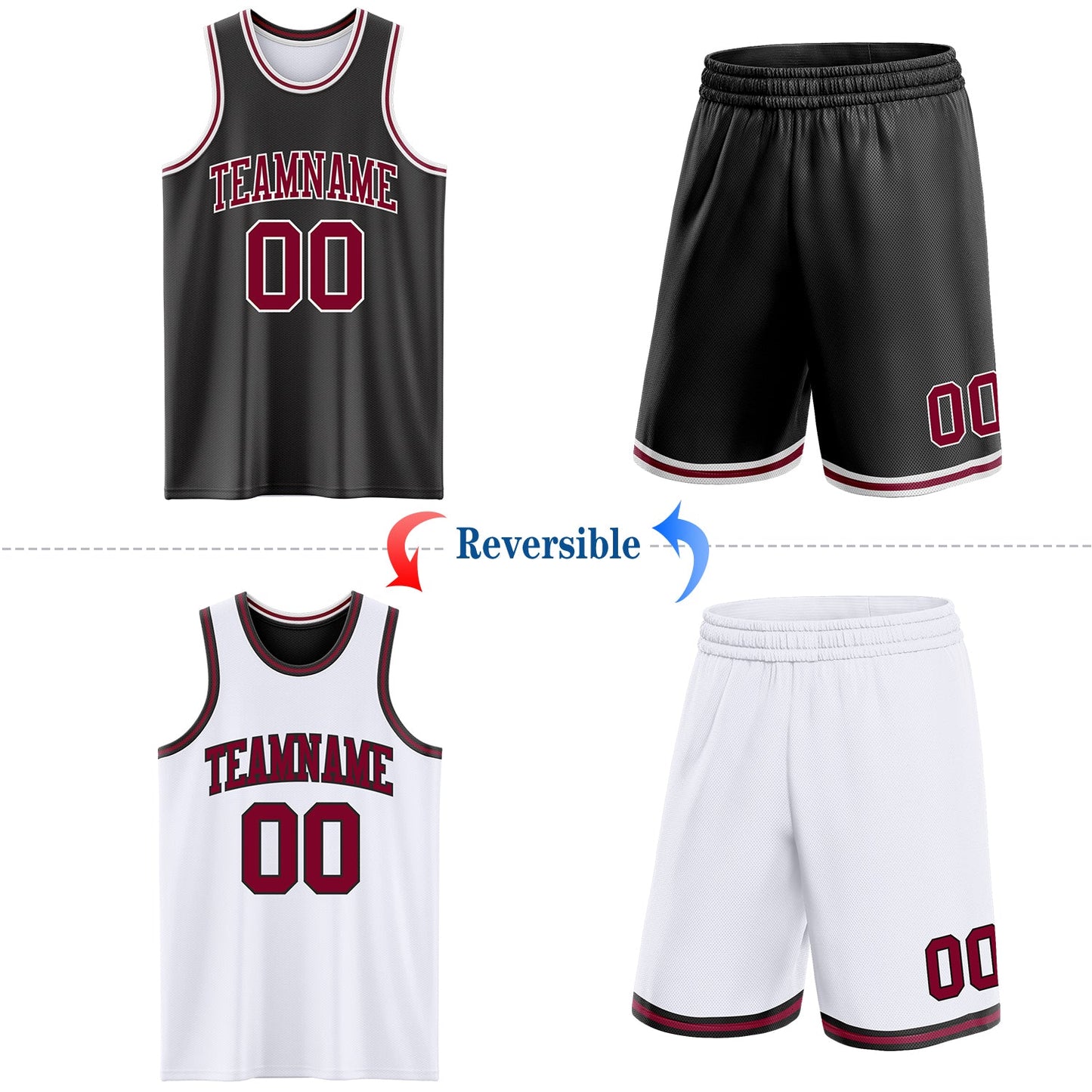 Custom Reversible Black Maroon-White Double Side Sublimation Basketball Suit Jersey - Sky-Custom
