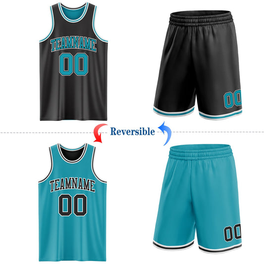 Custom Reversible Black Teal-White Double Side Sublimation Basketball Suit Jersey - Sky-Custom