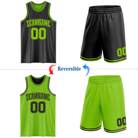 Custom Reversible Black Neon Green Double Side Sublimation Basketball Suit Jersey - Sky-Custom