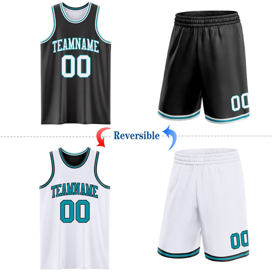 Custom Reversible Black White-Teal Double Side Sublimation Basketball Suit Jersey - Sky-Custom