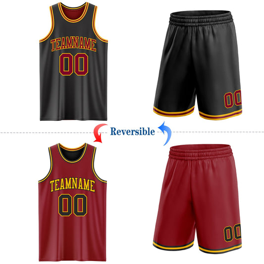Custom Reversible Black Maroon-Gold Double Side Sublimation Basketball Suit Jersey - Sky-Custom