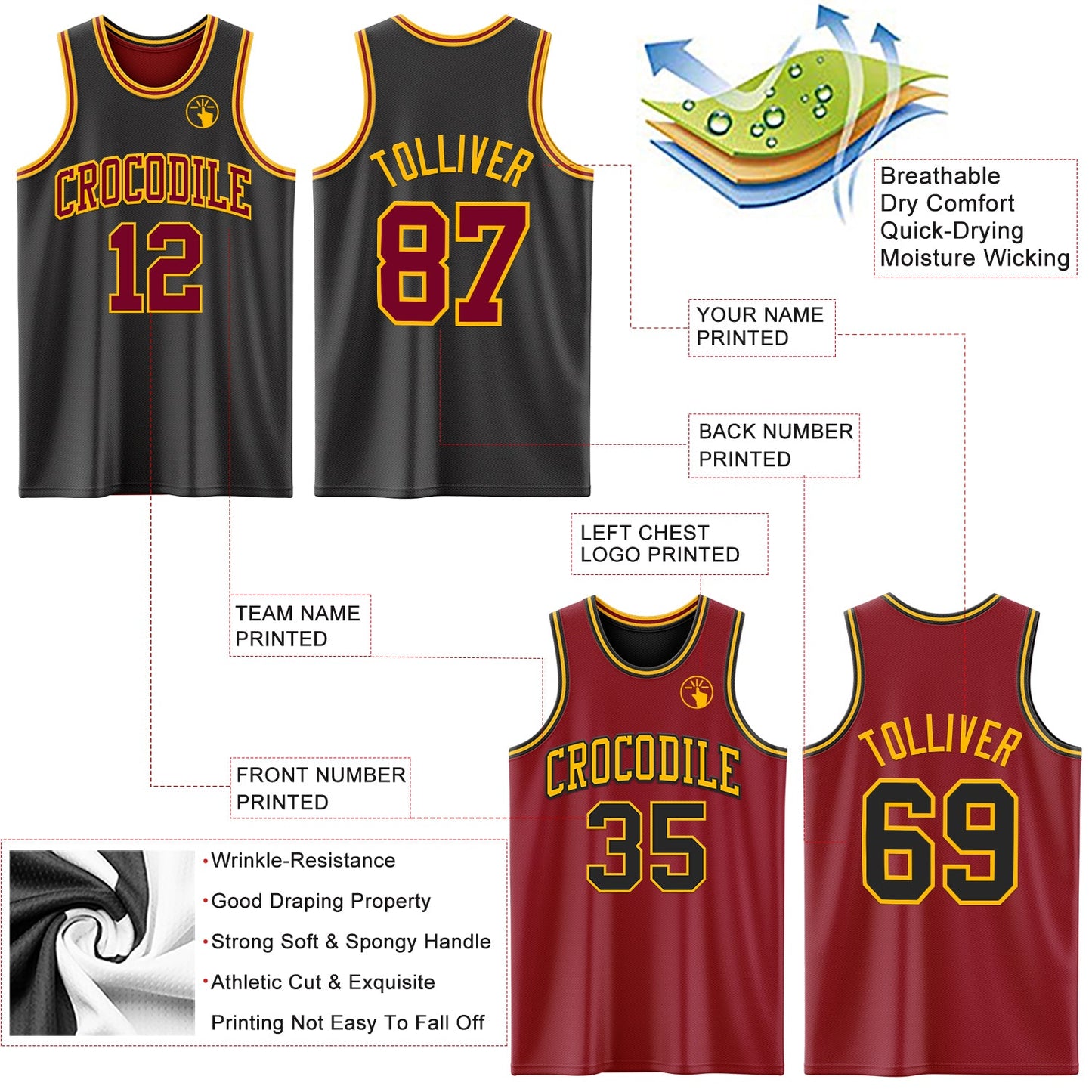 Custom Reversible Black Maroon-Gold Double Side Sublimation Basketball Suit Jersey - Sky-Custom