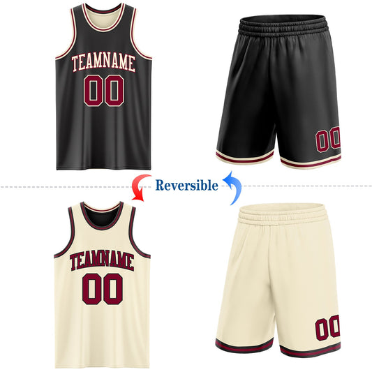 Custom Reversible Black Maroon-Cream Double Side Sublimation Basketball Suit Jersey - Sky-Custom
