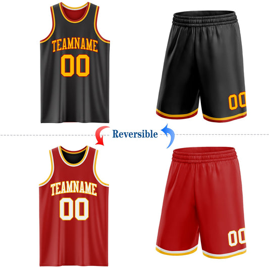 Custom Reversible Black Gold-Red Double Side Sublimation Basketball Suit Jersey - Sky-Custom
