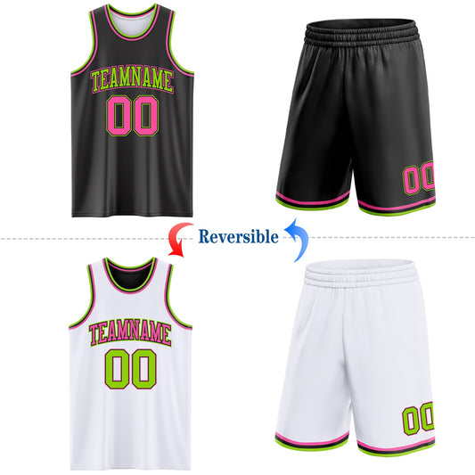 Custom Reversible Black Pink-Neon Green Double Side Sublimation Basketball Suit Jersey - Sky-Custom