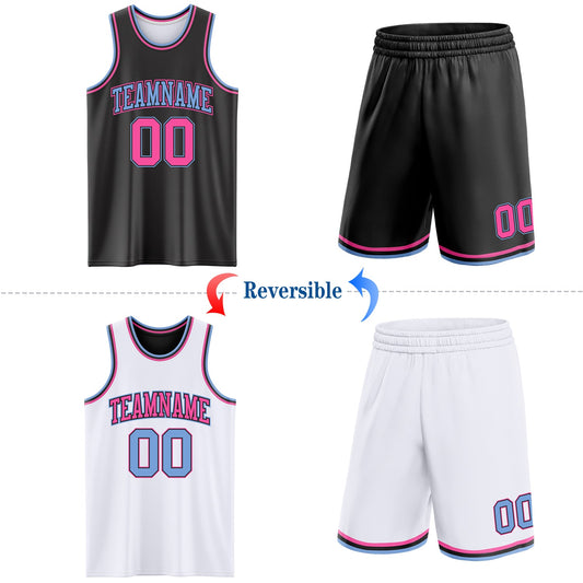 Custom Reversible Black Pink-Light Blue Double Side Sublimation Basketball Suit Jersey - Sky-Custom