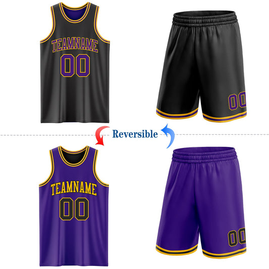 Custom Reversible Black Purple-Gold Double Side Sublimation Basketball Suit Jersey - Sky-Custom