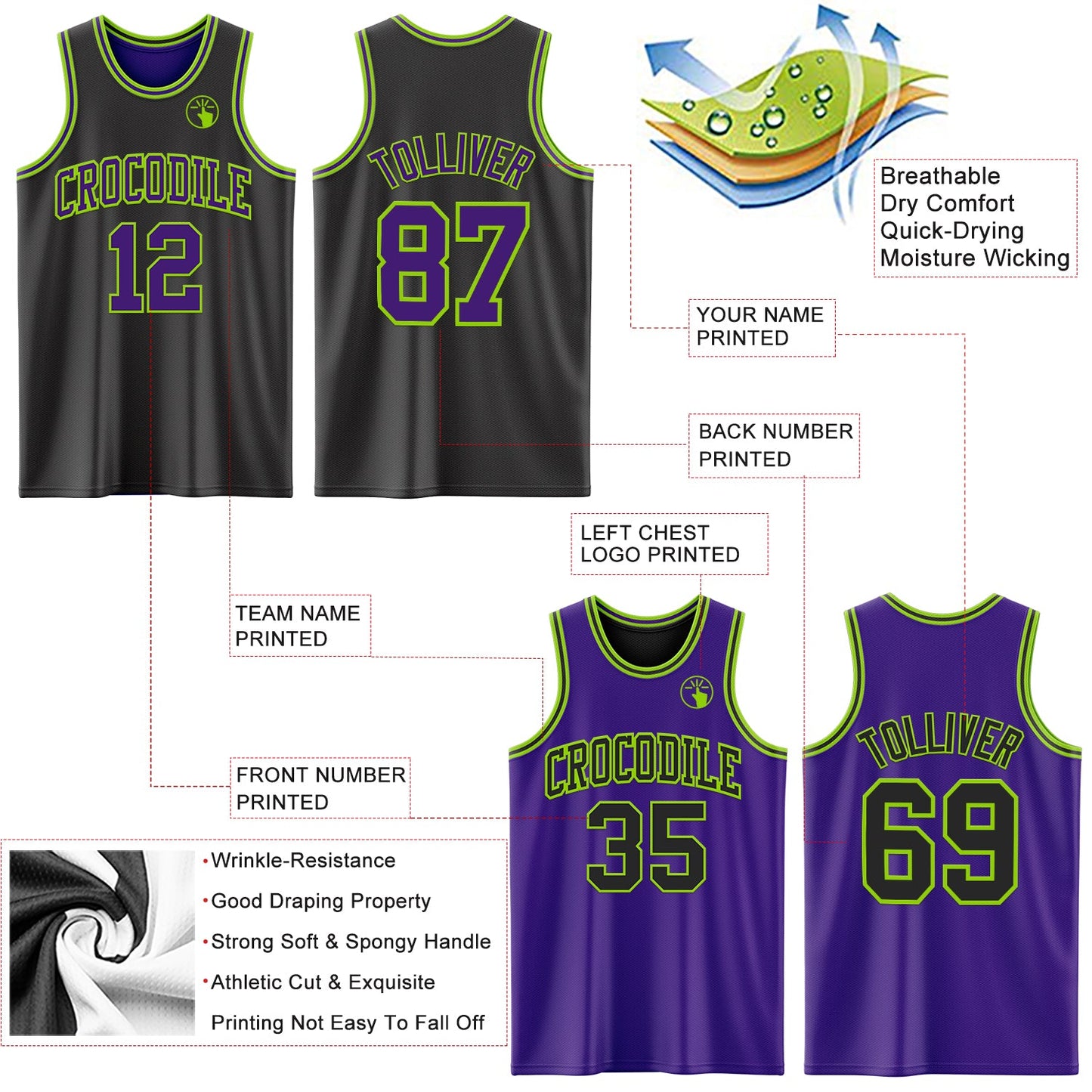 Custom Reversible Black Purple-Neon Green Double Side Sublimation Basketball Suit Jersey - Sky-Custom
