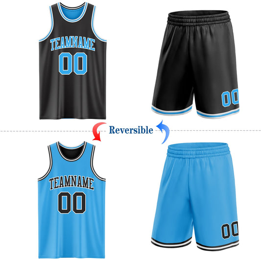 Custom Reversible Black Sky Blue-White Double Side Sublimation Basketball Suit Jersey - Sky-Custom