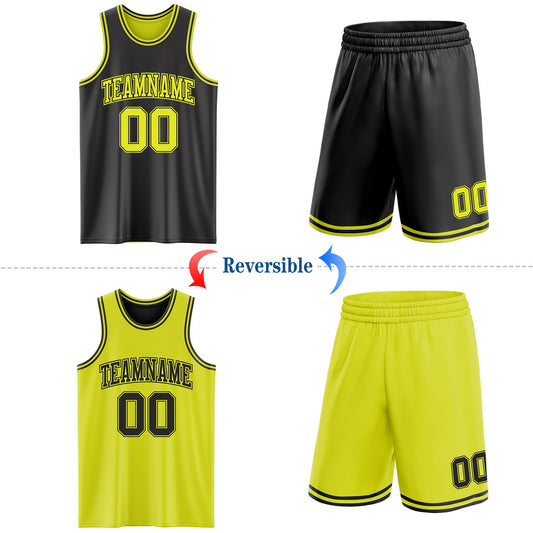 Custom Reversible Black Neon Yellow Double Side Sublimation Basketball Suit Jersey - Sky-Custom