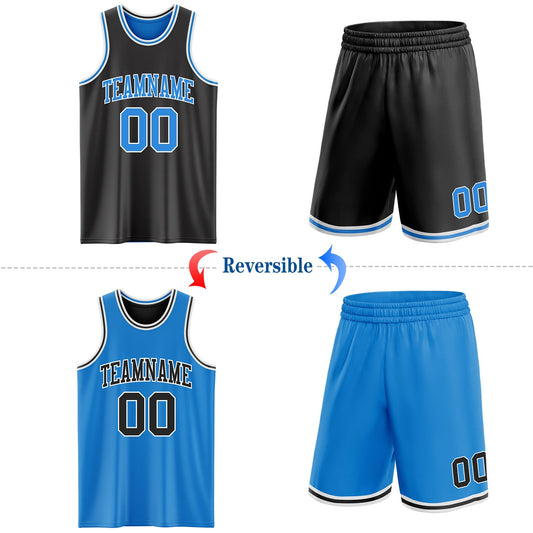 Custom Reversible Black Powder Blue-White Double Side Sublimation Basketball Suit Jersey - Sky-Custom