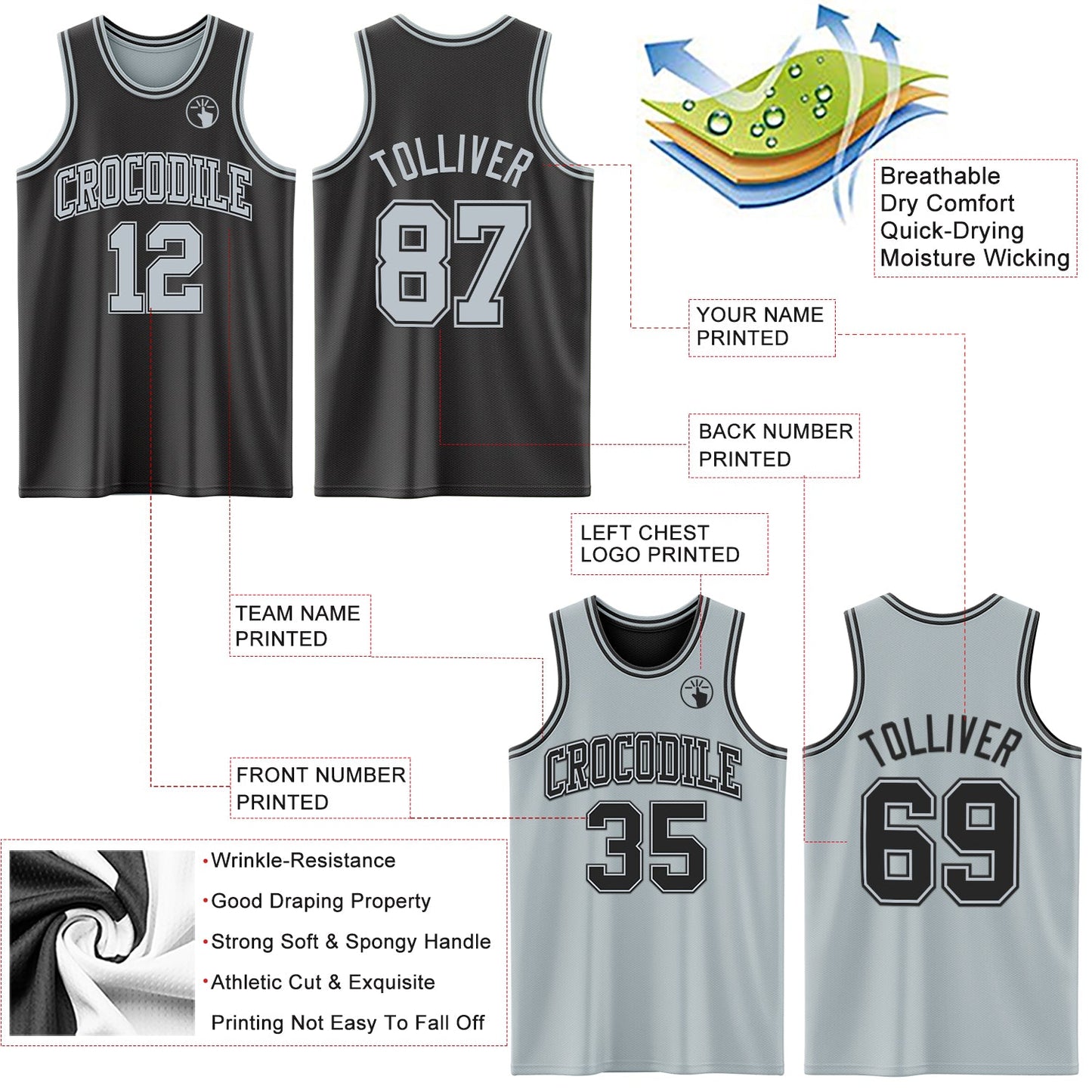 Custom Reversible Black Silver Double Side Sublimation Basketball Suit Jersey - Sky-Custom