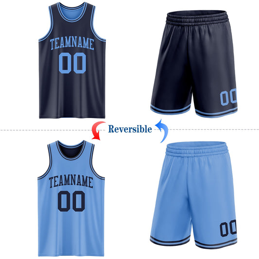 Custom Navy Light Blue Reversible Double Side Sublimation Basketball Suit Jersey - Sky-Custom