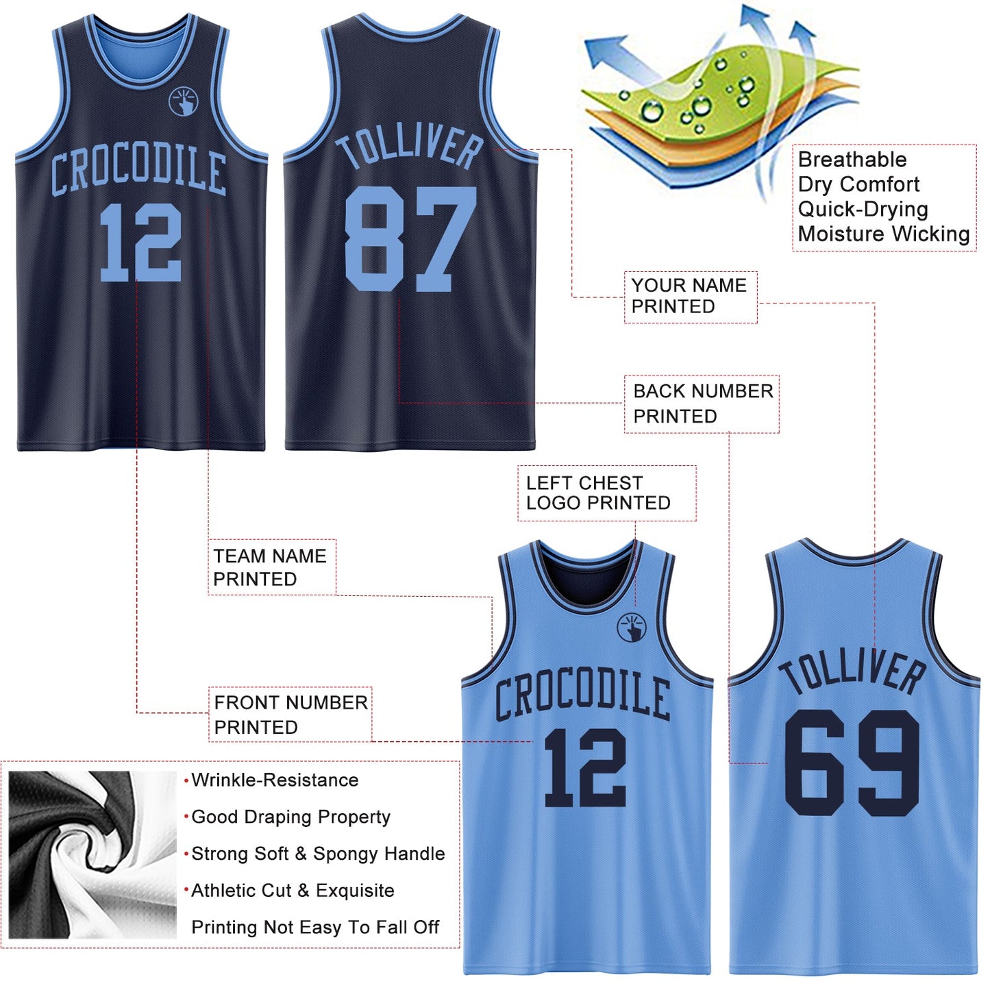 Custom Navy Light Blue Reversible Double Side Sublimation Basketball Suit Jersey - Sky-Custom