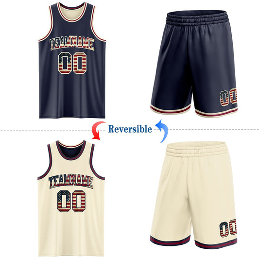 Custom Navy Vintage USA Flag Cream-Maroon Reversible Double Side Sublimation Basketball Suit Jersey - Sky-Custom
