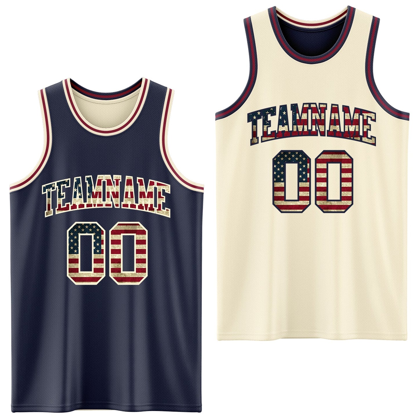 Custom Navy Vintage USA Flag Cream-Maroon Reversible Double Side Sublimation Basketball Suit Jersey - Sky-Custom