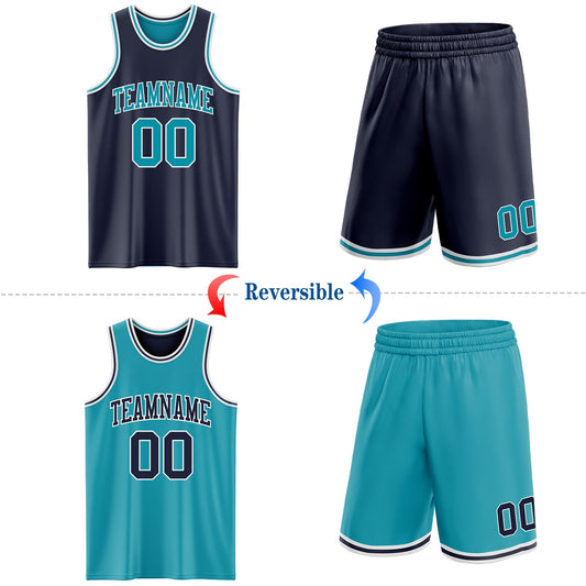 Custom Navy Teal-White Reversible Double Side Sublimation Basketball Suit Jersey - Sky-Custom