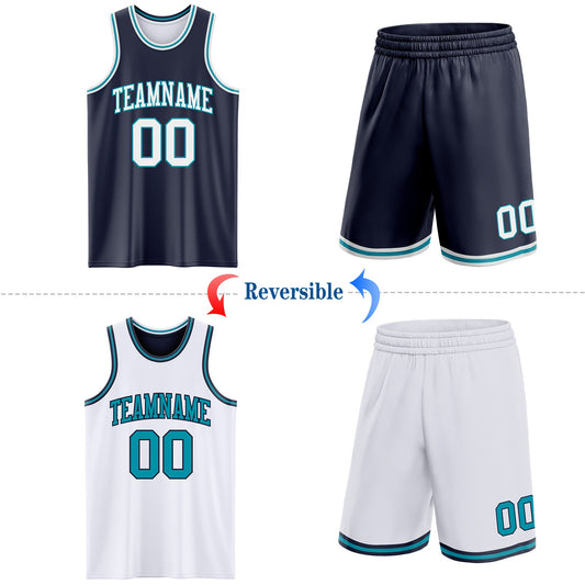 Custom Navy White-Teal Reversible Double Side Sublimation Basketball Suit Jersey - Sky-Custom