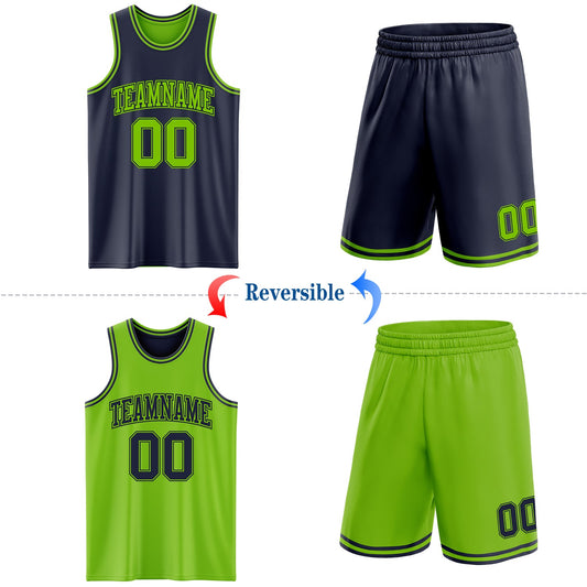 Custom Navy Neon Green Reversible Double Side Sublimation Basketball Suit Jersey - Sky-Custom