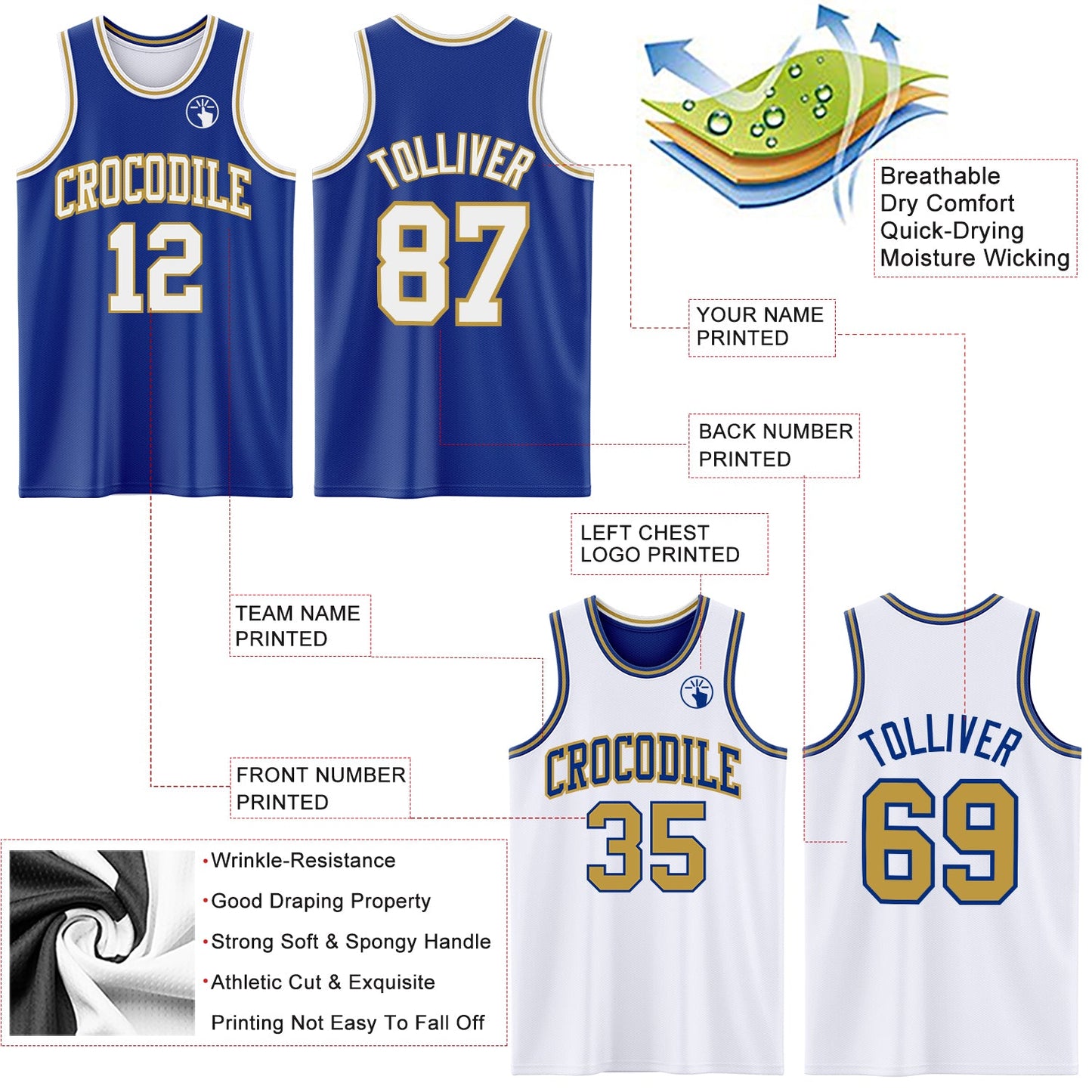 Custom Royal White-Old Gold Reversible Double Side Sublimation Basketball Suit Jersey - Sky-Custom