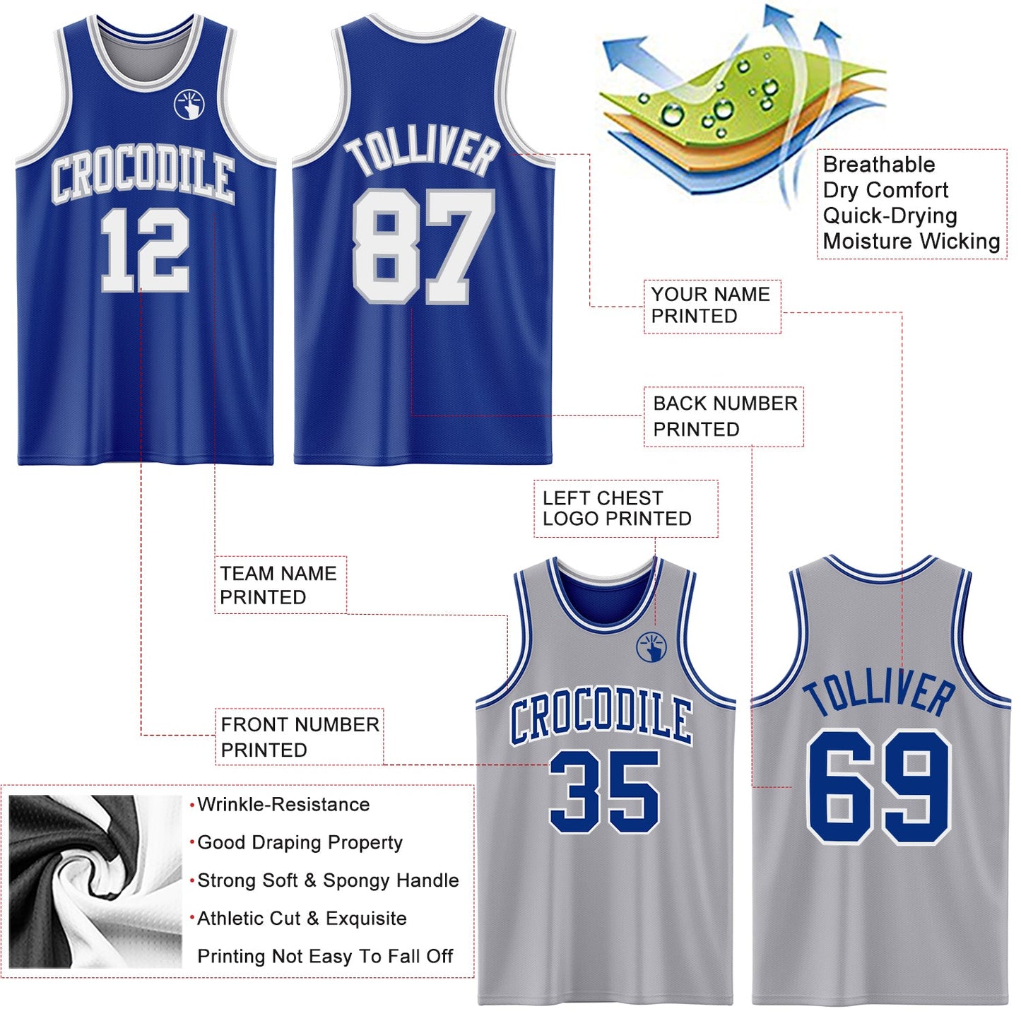 Custom Royal White-Gray Reversible Double Side Sublimation Basketball Suit Jersey - Sky-Custom