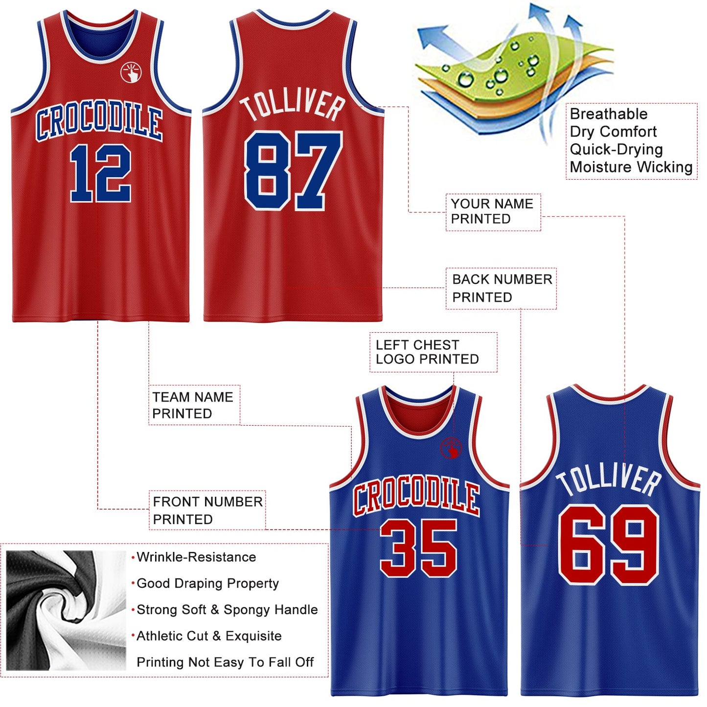 Custom Red Royal-White Reversible Double Side Sublimation Basketball Suit Jersey - Sky-Custom
