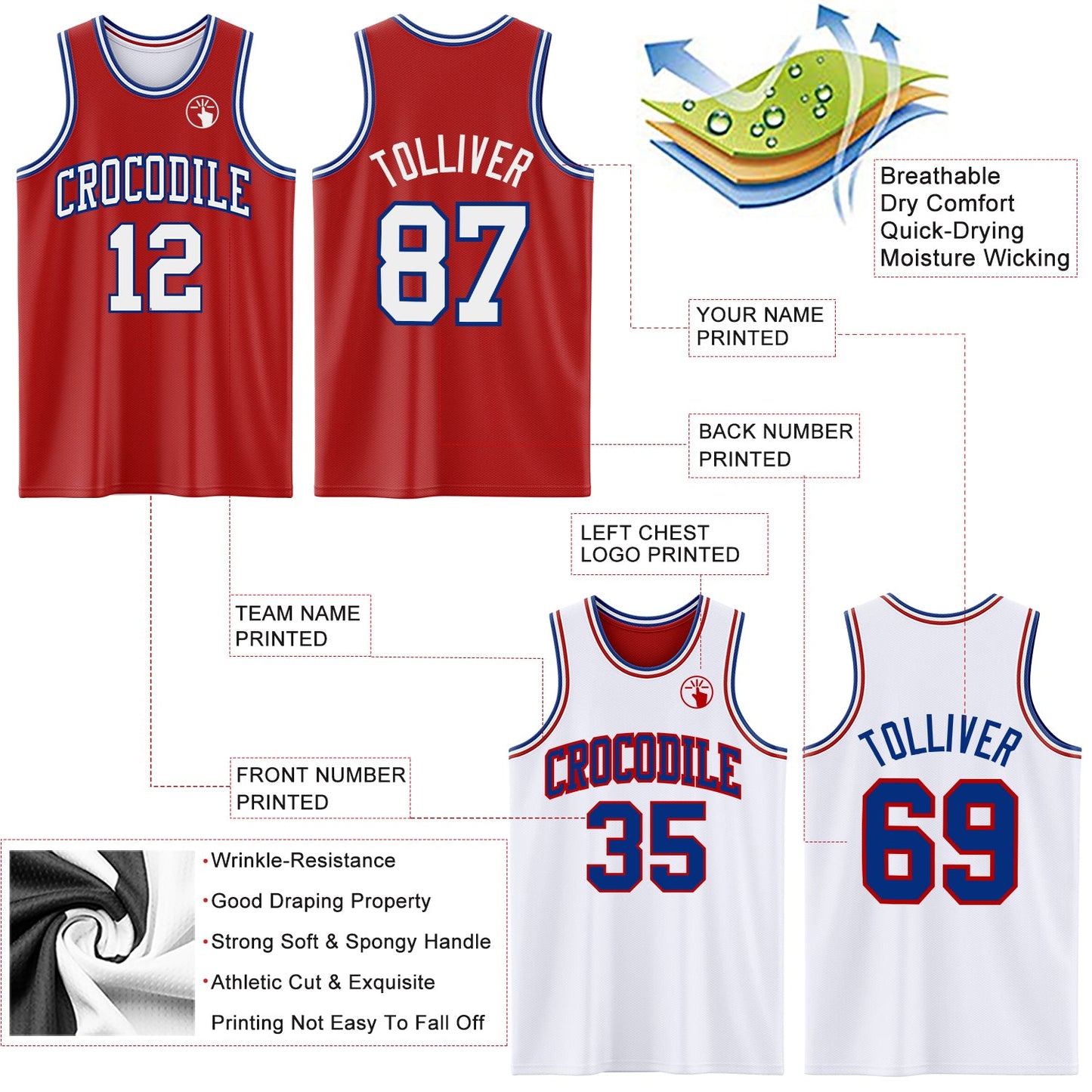 Custom Red White-Royal Reversible Double Side Sublimation Basketball Suit Jersey - Sky-Custom