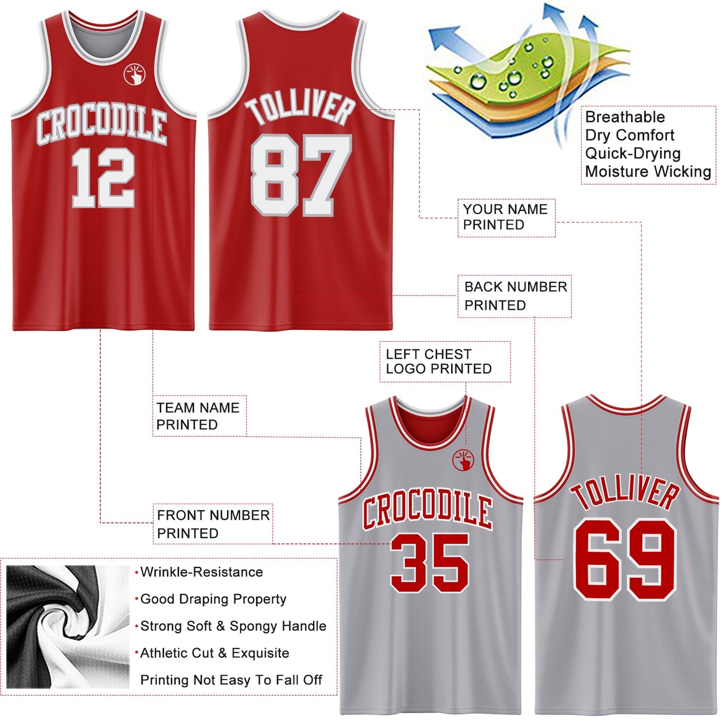 Custom Red White-Gray Reversible Double Side Sublimation Basketball Suit Jersey - Sky-Custom