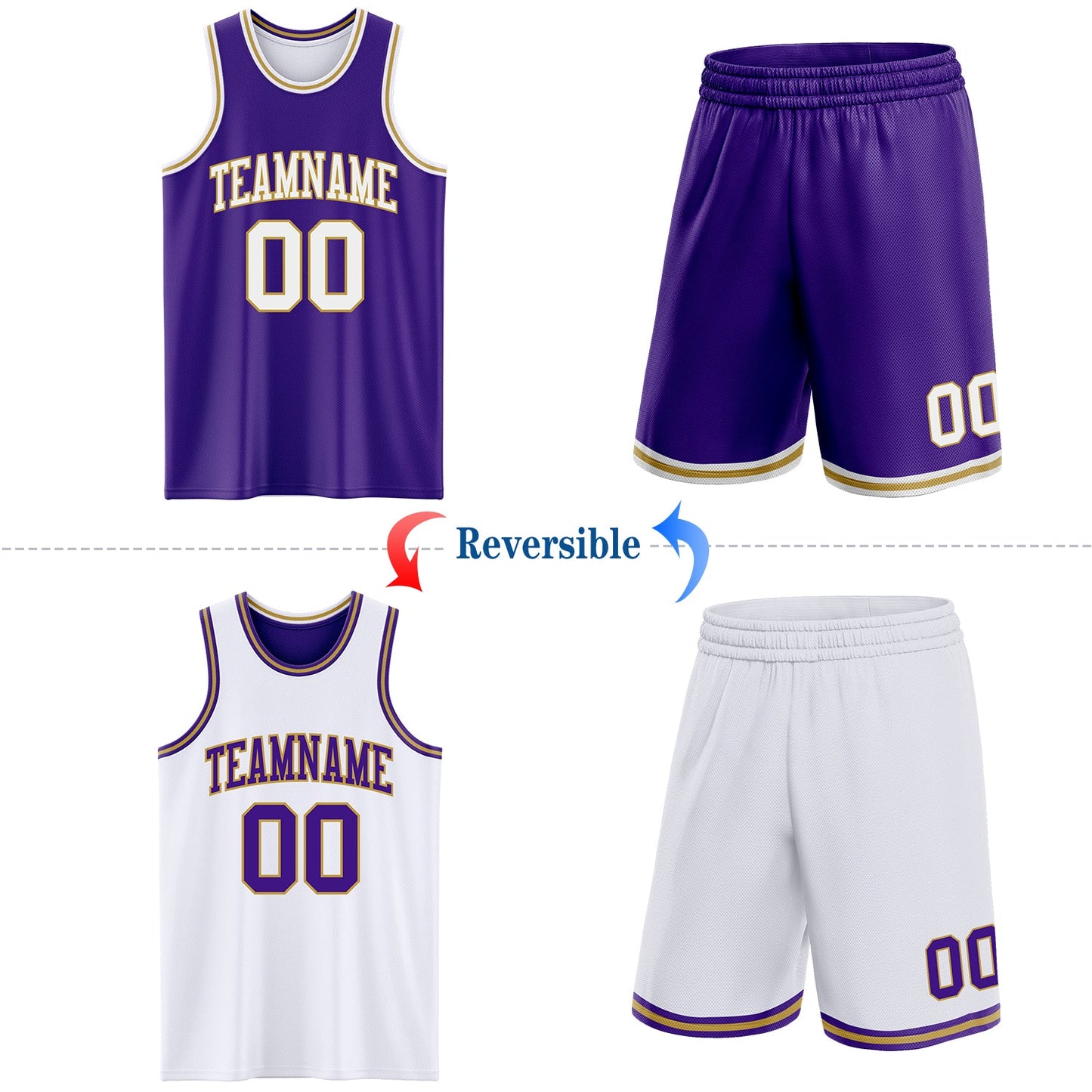 Custom Purple White-Old Gold Reversible Double Side Sublimation Basketball Suit Jersey - Sky-Custom
