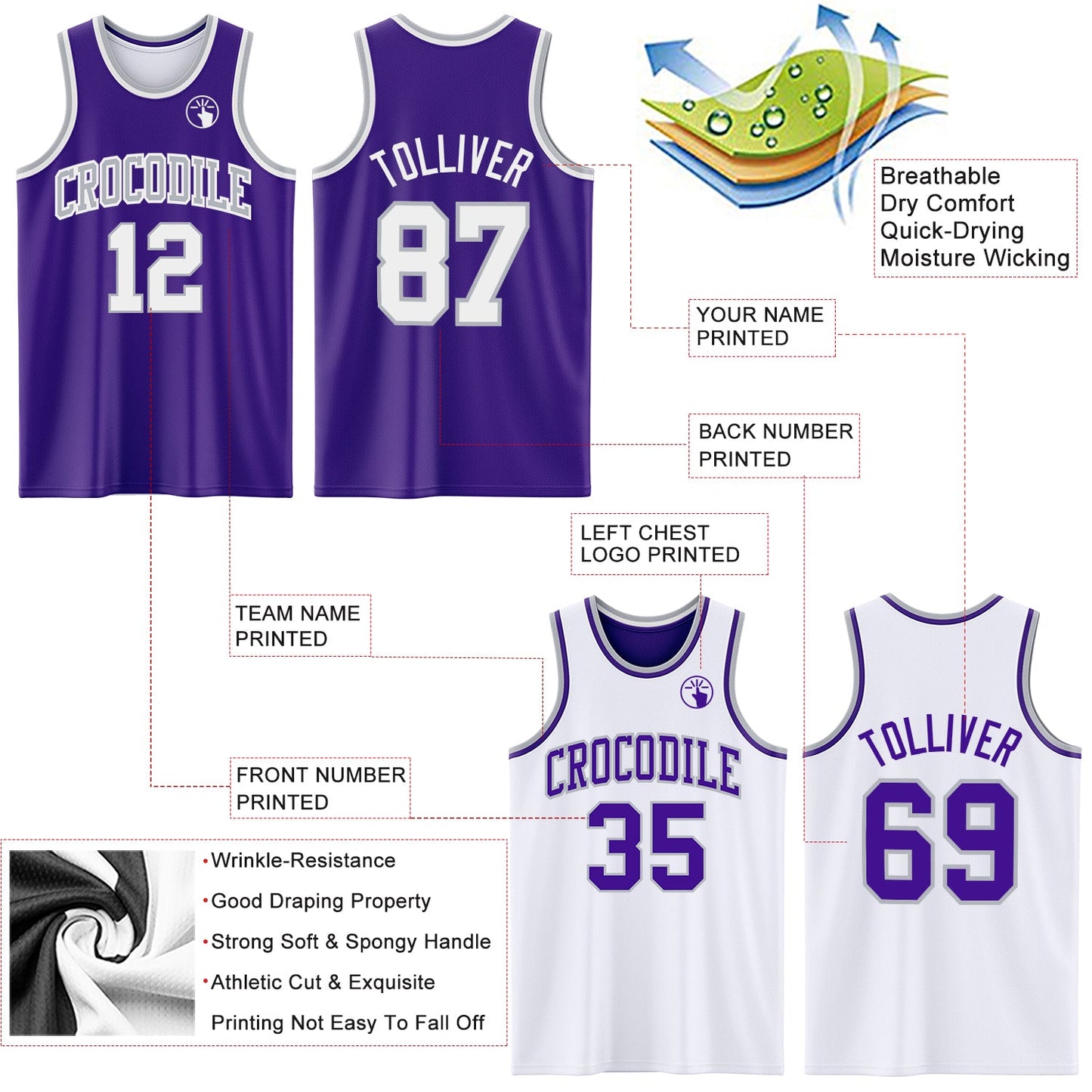Custom Reversible Purple White-Gray Double Side Sublimation Basketball Suit Jersey - Sky-Custom