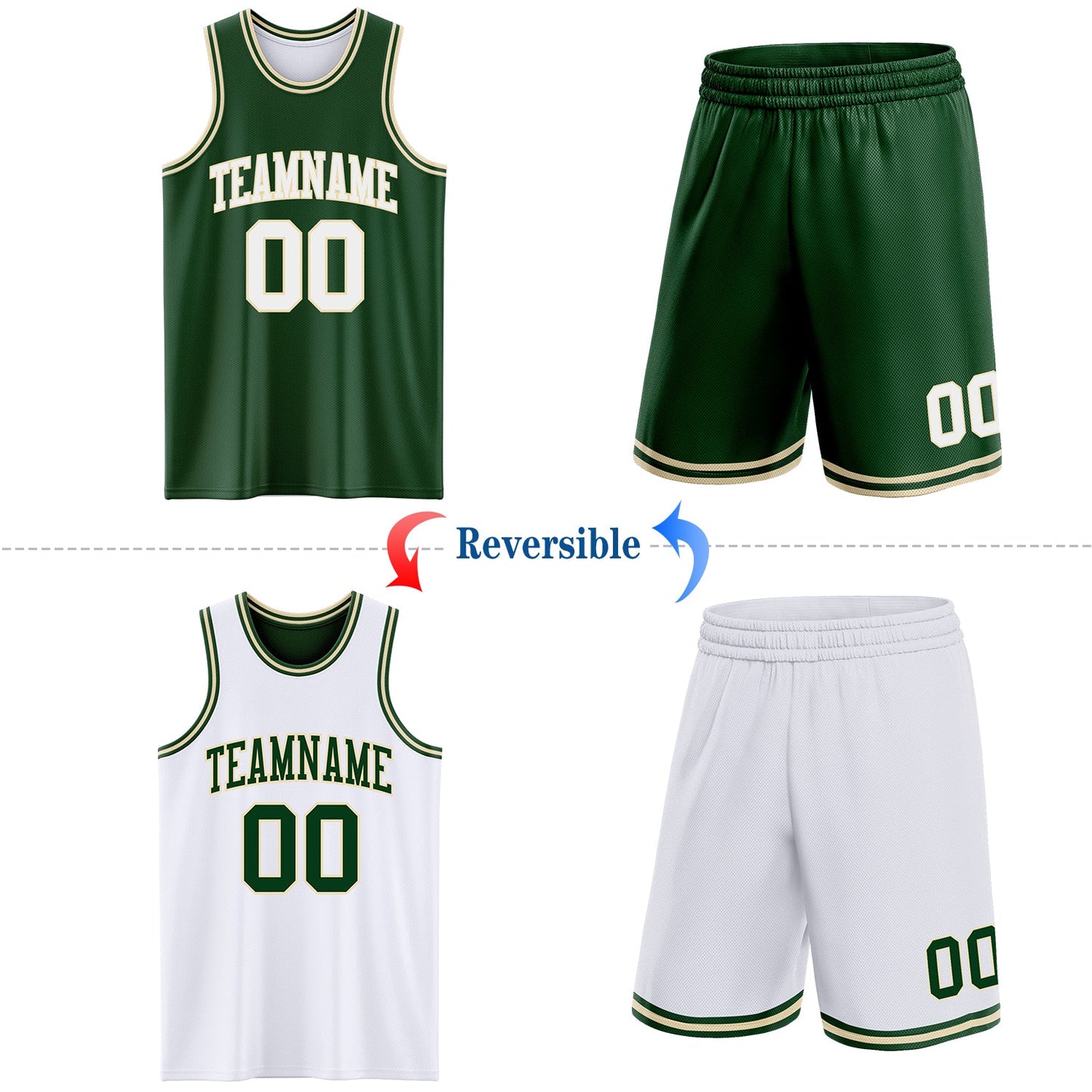 Custom Reversible Green White-Cream Double Side Sublimation Basketball Suit Jersey - Sky-Custom