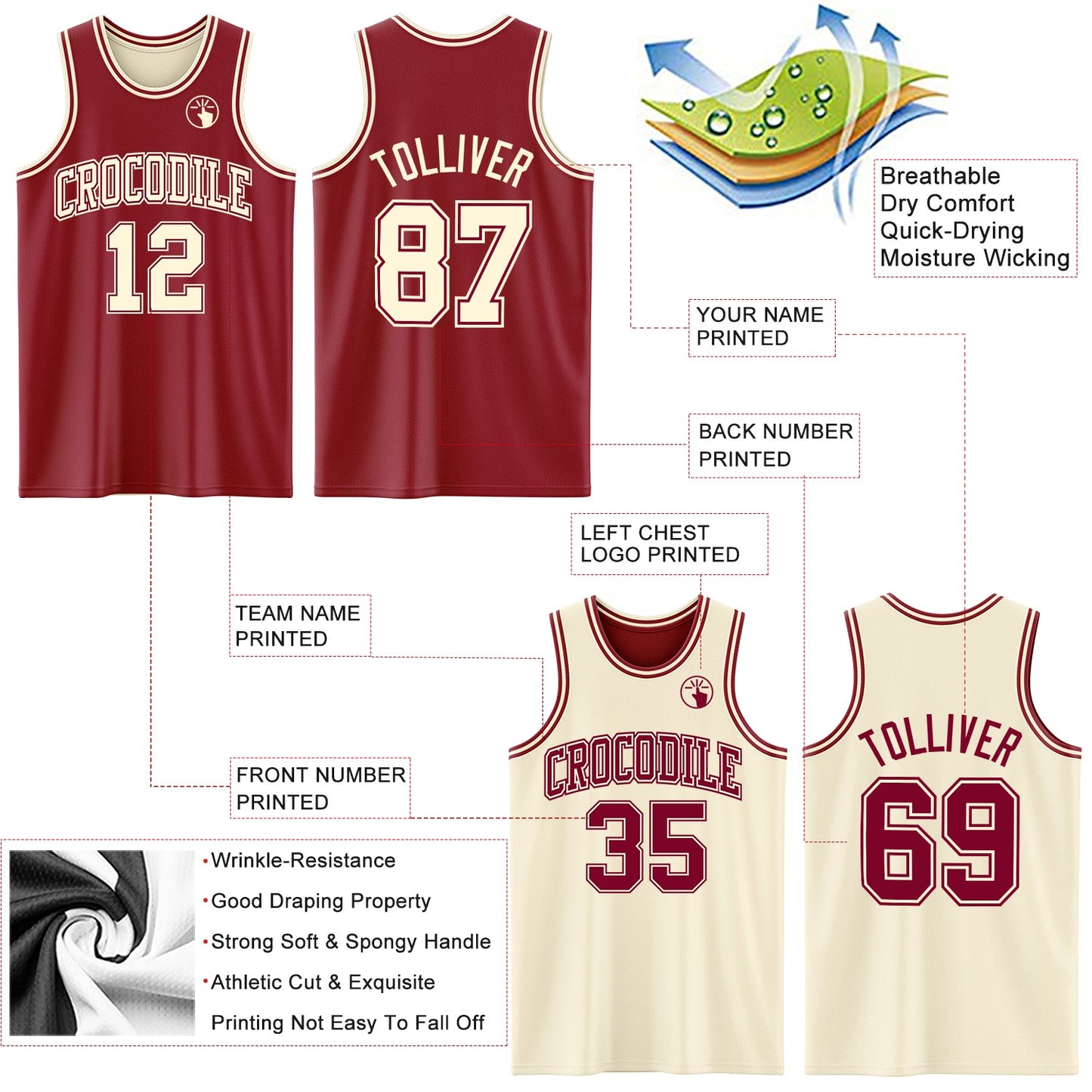 Custom Reversible Maroon Cream Double Side Sublimation Basketball Suit Jersey - Sky-Custom