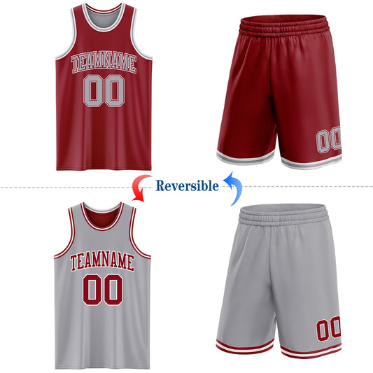 Custom Reversible Maroon Gray-White Double Side Sublimation Basketball Suit Jersey - Sky-Custom