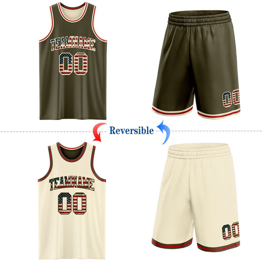 Custom Reversible Olive Vintage USA Flag Cream-Red Double Side Salute To Service Sublimation Basketball Suit Jersey - Sky-Custom