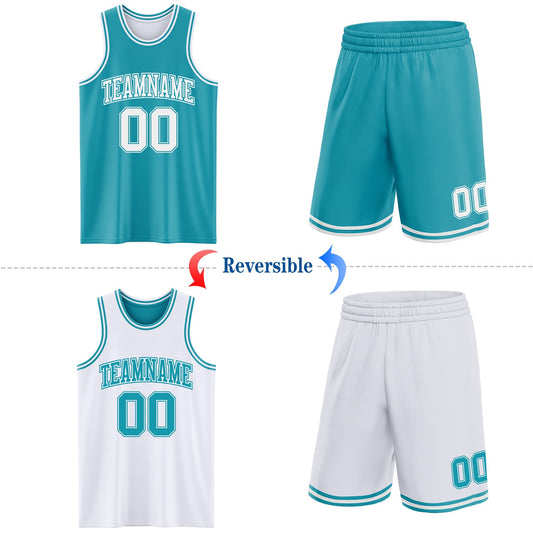 Custom Reversible Teal White Double Side Sublimation Basketball Suit Jersey - Sky-Custom