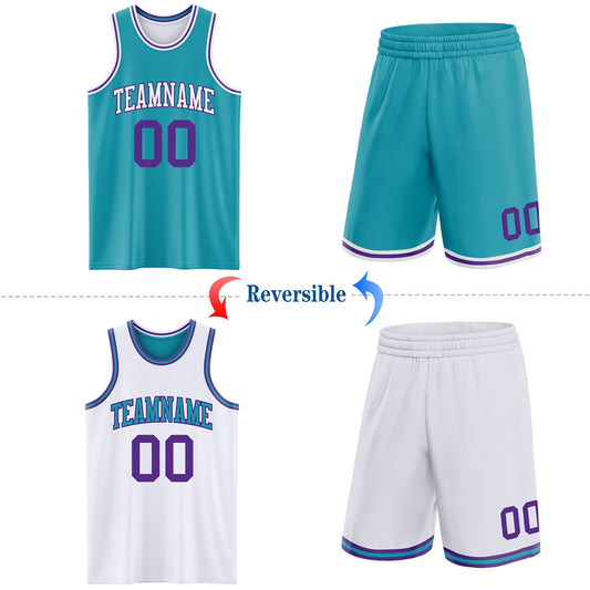 Custom Reversible Teal Purple-White Double Side Sublimation Basketball Suit Jersey - Sky-Custom