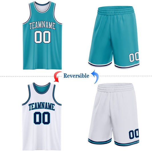Custom Reversible Teal White-Navy Double Side Sublimation Basketball Suit Jersey - Sky-Custom