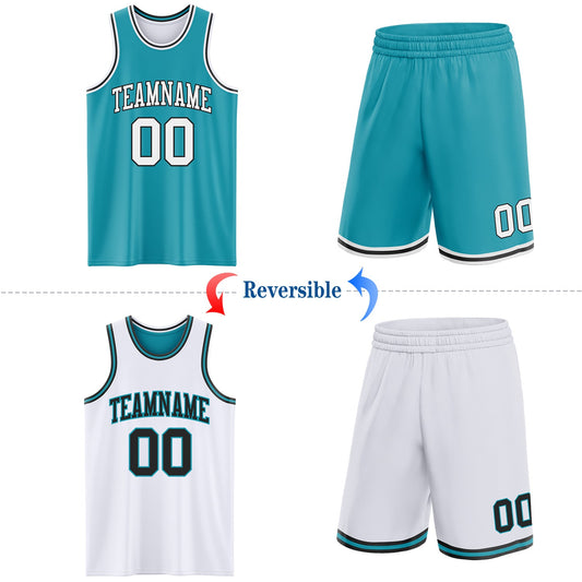 Custom Reversible Teal White-Black Double Side Sublimation Basketball Suit Jersey - Sky-Custom