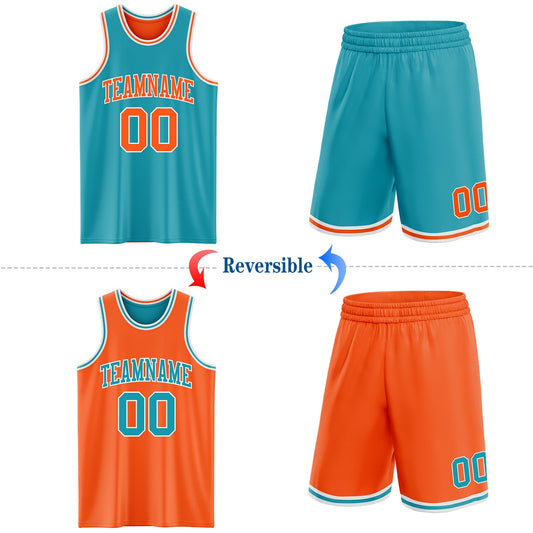 Custom Reversible Teal Orange-White Double Side Sublimation Basketball Suit Jersey - Sky-Custom