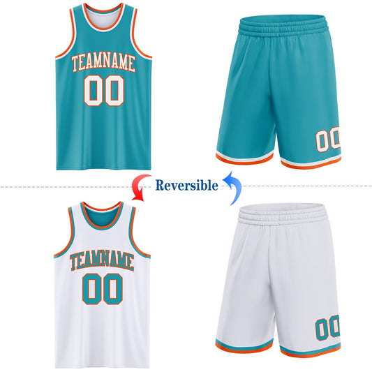 Custom Reversible Teal White-Orange Double Side Sublimation Basketball Suit Jersey - Sky-Custom