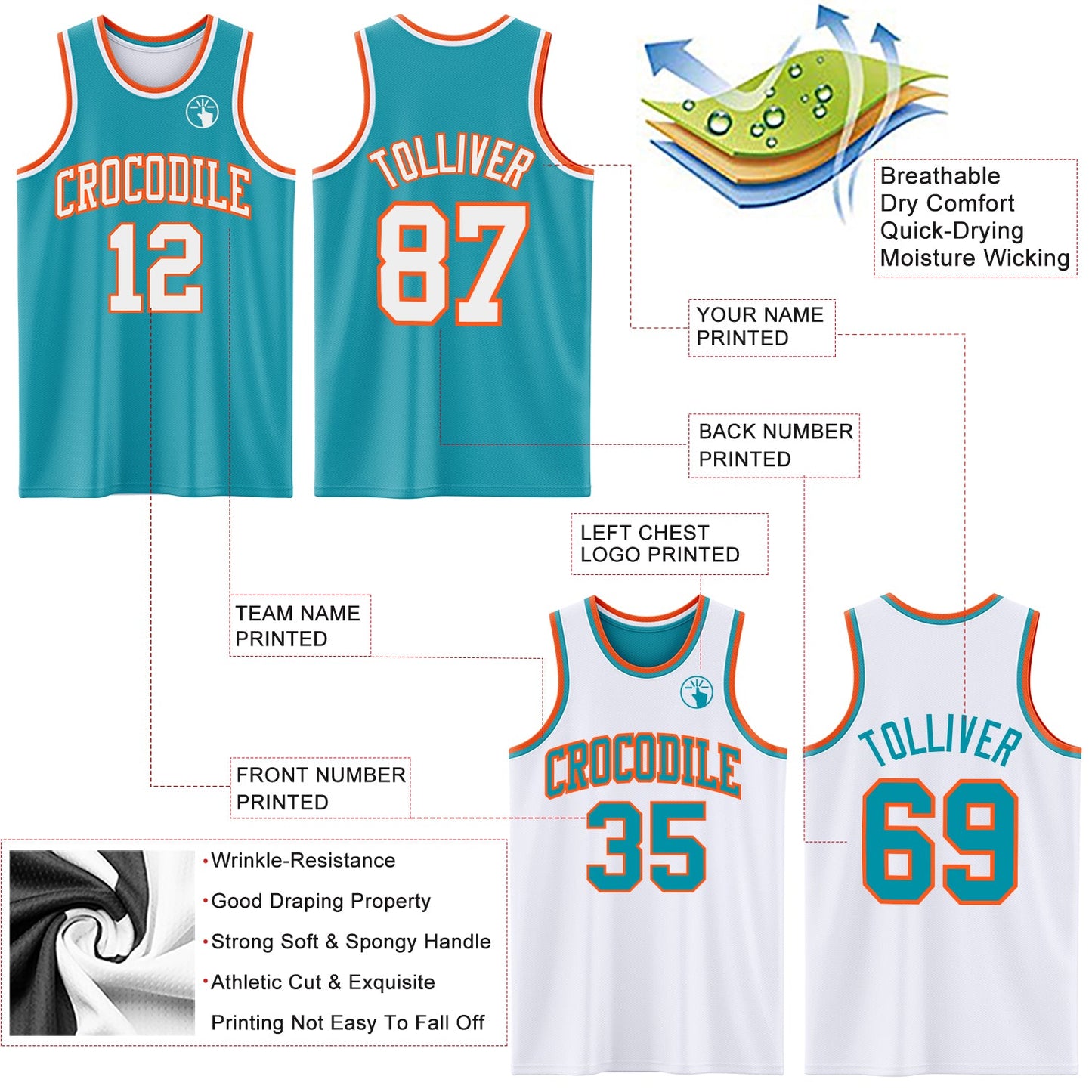 Custom Reversible Teal White-Orange Double Side Sublimation Basketball Suit Jersey - Sky-Custom