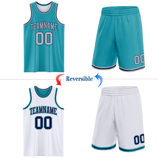 Custom Reversible Teal Gray-Navy Double Side Sublimation Basketball Suit Jersey - Sky-Custom
