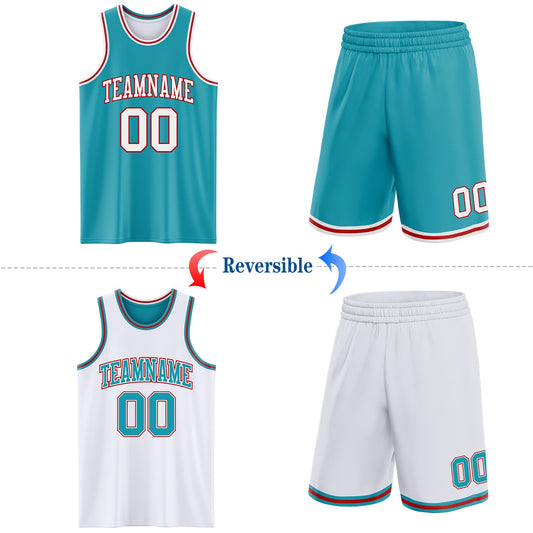 Custom Reversible Teal White-Red Double Side Sublimation Basketball Suit Jersey - Sky-Custom