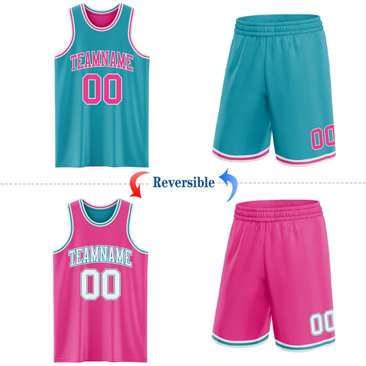 Custom Reversible Teal Pink-White Double Side Sublimation Basketball Suit Jersey - Sky-Custom