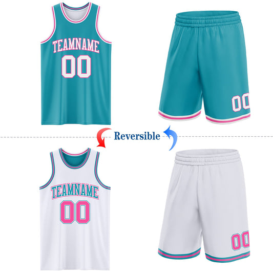 Custom Reversible Teal White-Pink Double Side Sublimation Basketball Suit Jersey - Sky-Custom