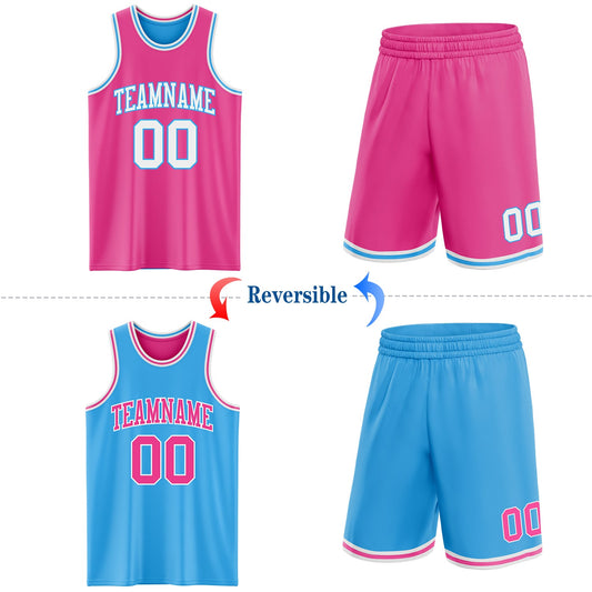 Custom Reversible Pink White-Sky Blue Double Side Sublimation Basketball Suit Jersey - Sky-Custom