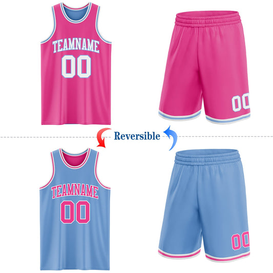 Custom Reversible Pink White-Light Blue Double Side Sublimation Basketball Suit Jersey - Sky-Custom